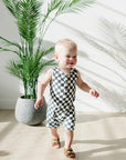 Charcoal Wavy Checkered Short Romper