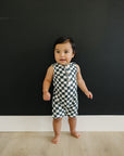 Charcoal Wavy Checkered Short Romper