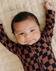Bamboo Zip Romper | Chocolate Wavy Checkered