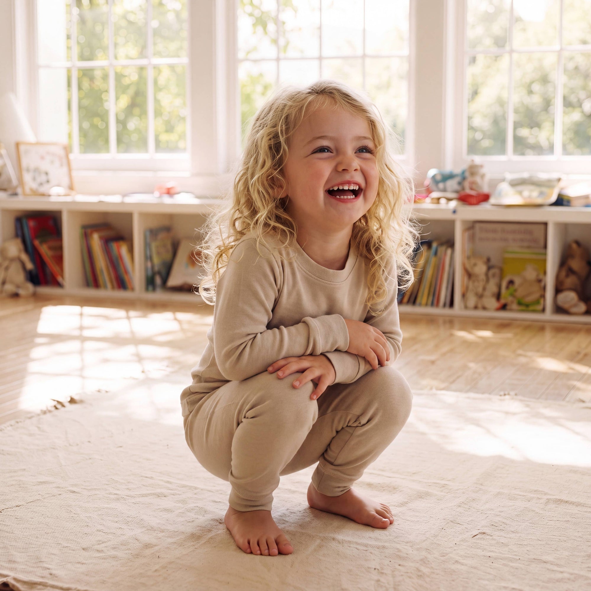 Modal Long Sleeve Pajama Set for Kids Beige