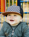 Flat Brim Trucker Hat - Checker/Faux Leather Brim