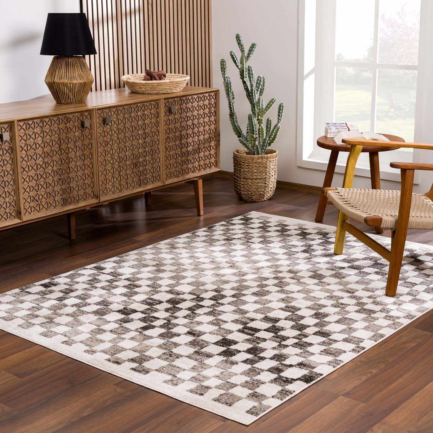 Benjy Cream &amp; Charcoal Checkered Area Rug