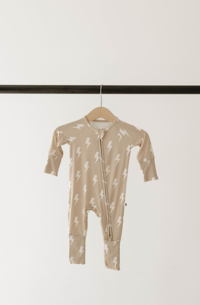 Tan & Cream  Lightning Bolt | Bamboo Zip Pajamas: 18-24 Months