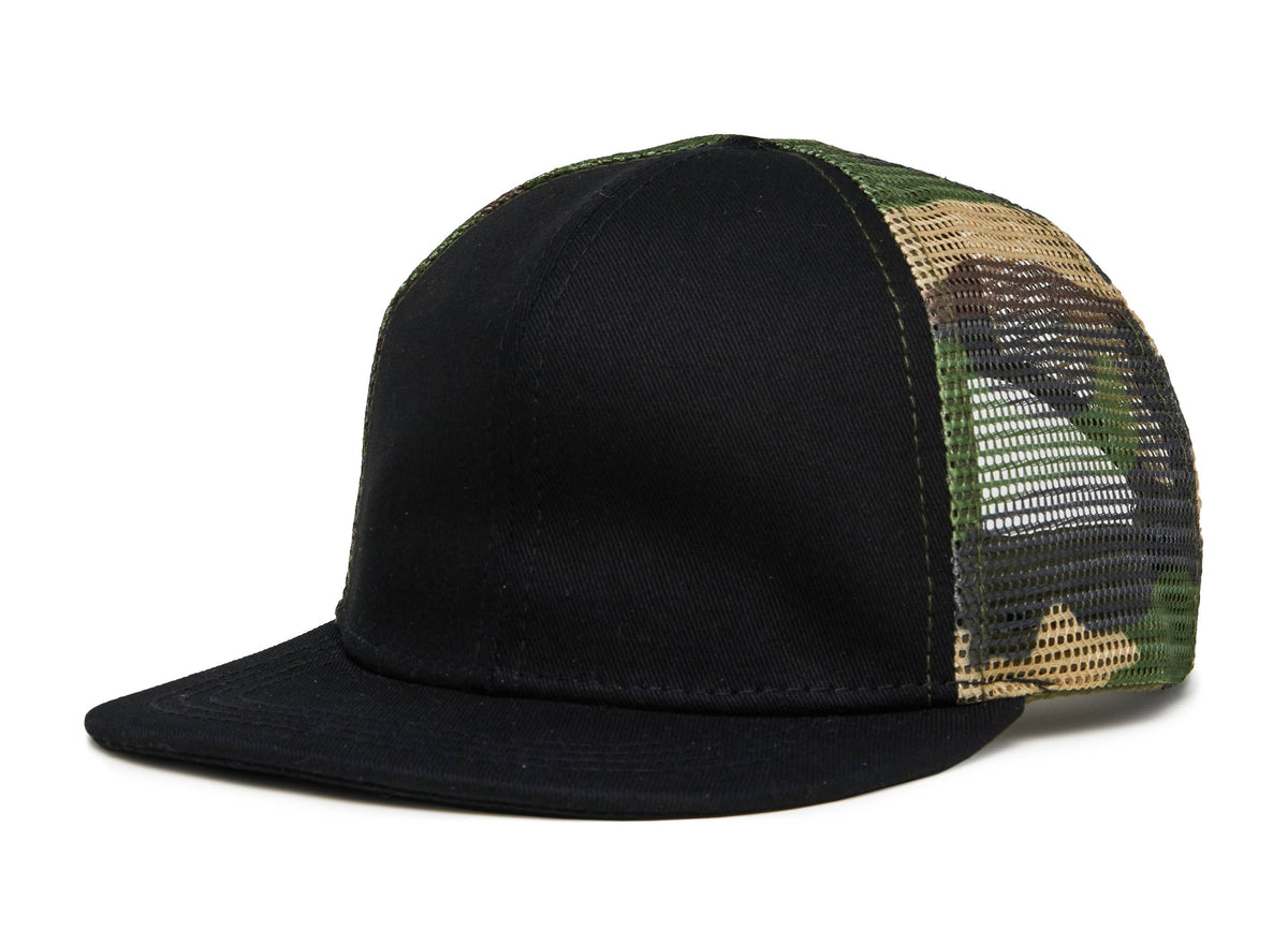 Flat Brim Trucker Hat - Black W/ Camo Mesh