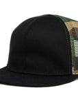 Flat Brim Trucker Hat - Black W/ Camo Mesh