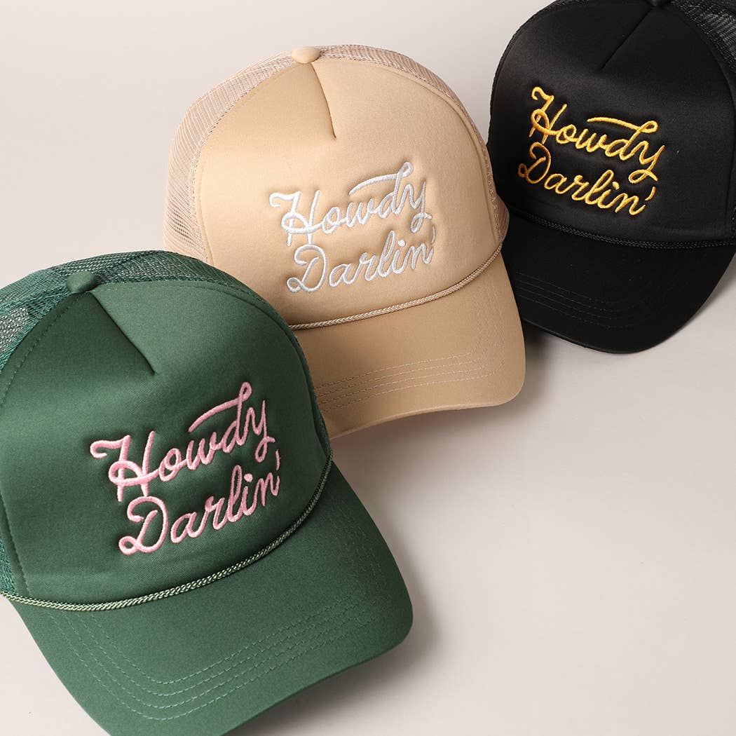 Howdy Darlin&#39; Embroidered Mesh Back Trucker Cap: One Size / BLACK