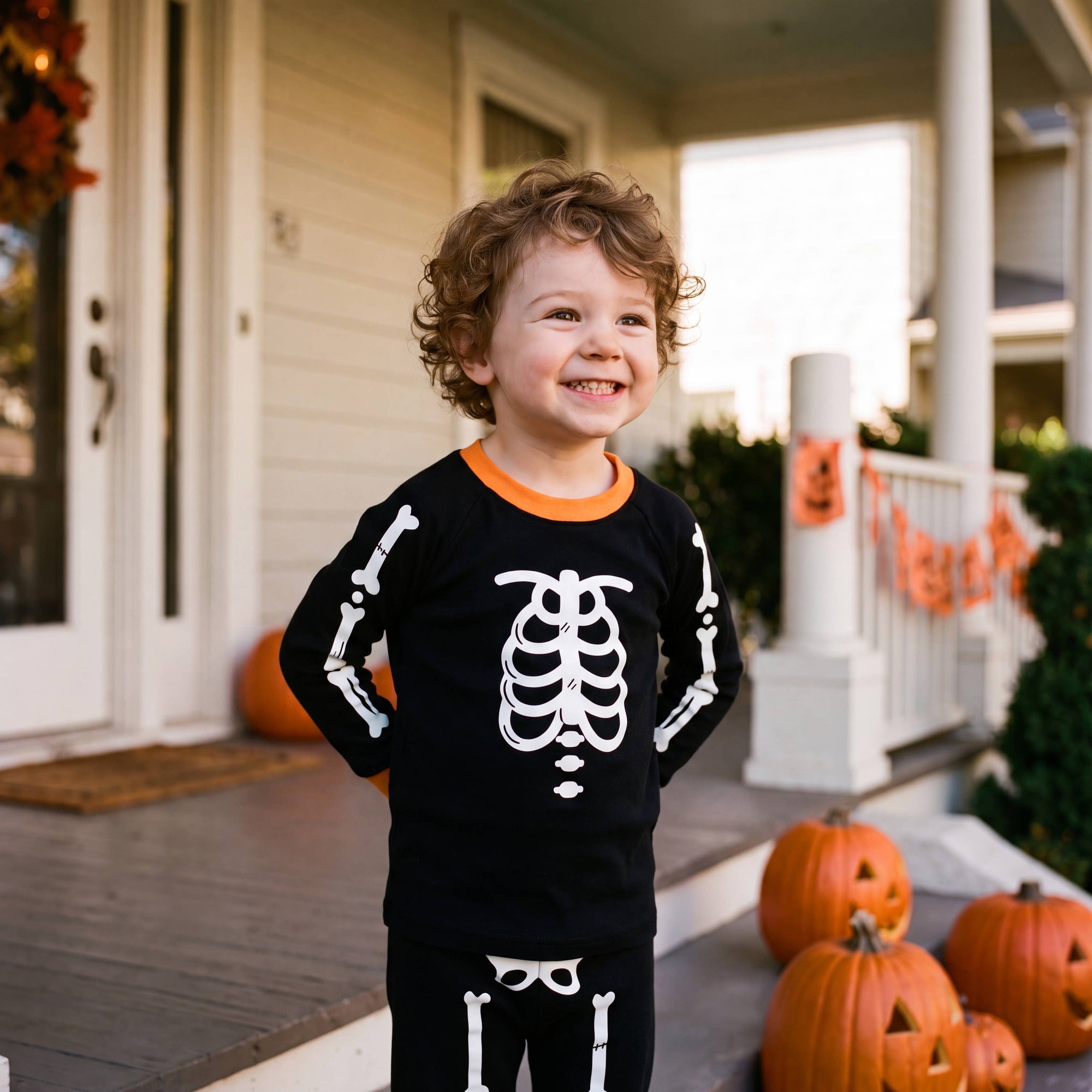 Glow in the Dark Pajama Set Halloween Skeleton Orange